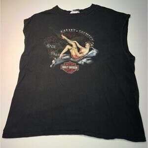 Harley Davidson Pin Up Girl Mens Black Sleeveless 2XL Corning Painted Post NY